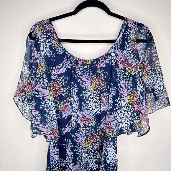 ModCloth Fiore Your Entertainment Flora Navy Blue Floral Cold Shoulder Dress Lg - Picture 3 of 16